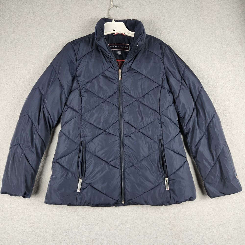 Tommy Hilfiger Puffer Jacket Womens Small Navy Blue Diamond Quilted Full Zip